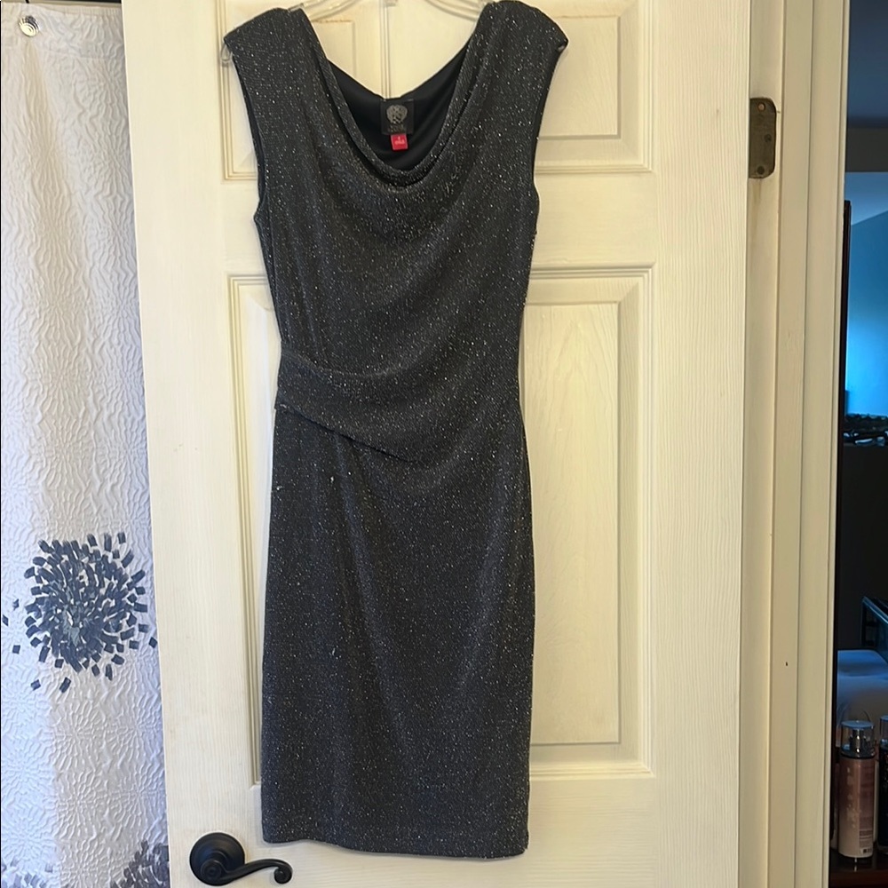 Vince Camuto Gray Sleeveless Cowl Neck Sheath Midi Dress